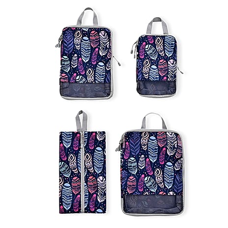 4-Piece Feather Print Clothing Storage Set - Navy