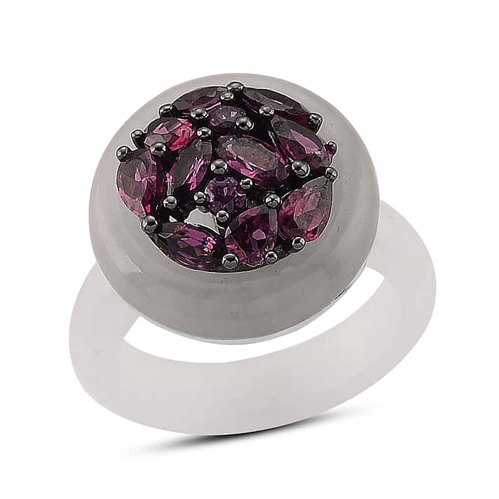 D'Joy Rhodolite Garnet and Natural Jade Ring in Rhodium Overlay Sterling Silver 20.99 Ct.