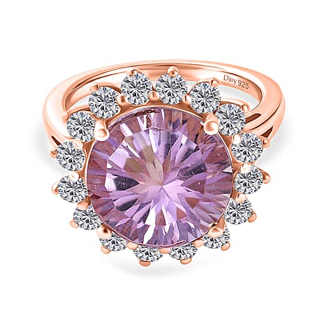 D'Joy Rose De France Amethyst & White Zircon Halo Split Shank Ring in Rose Gold Plated Sterling Silver 7.26 Ct.