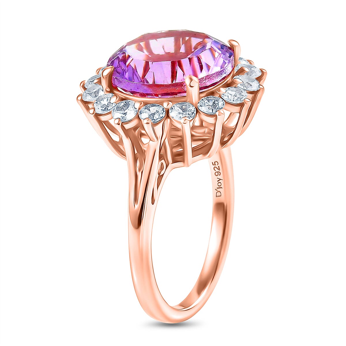 D'Joy Rose De France Amethyst & White Zircon Halo Split Shank Ring in Rose Gold Plated Sterling Silver 7.26 Ct.