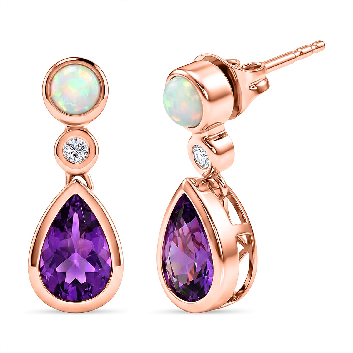 D'Joy AAA Rose De France Amethyst, White Zircon & Ethiopian Opal Dangling Earring with Push Back in Rose Gold Plated Sterling Silver 2.97 Ct.