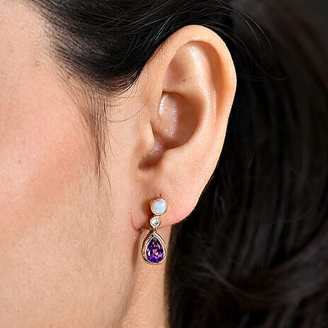 D'Joy AAA Rose De France Amethyst, White Zircon & Ethiopian Opal Dangling Earring with Push Back in Rose Gold Plated Sterling Silver 2.97 Ct.