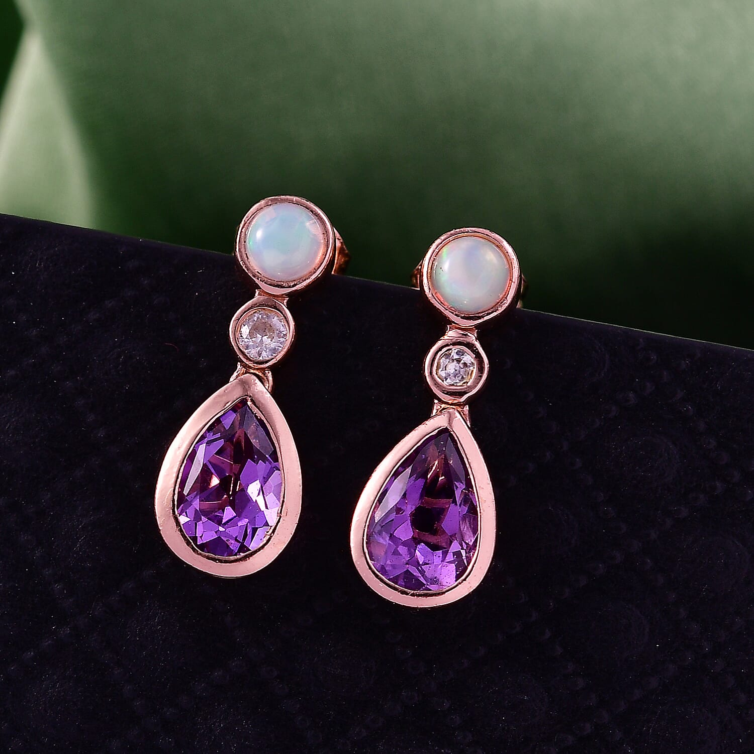 D'Joy AAA Rose De France Amethyst, White Zircon & Ethiopian Opal Dangling Earring with Push Back in Rose Gold Plated Sterling Silver 2.97 Ct.