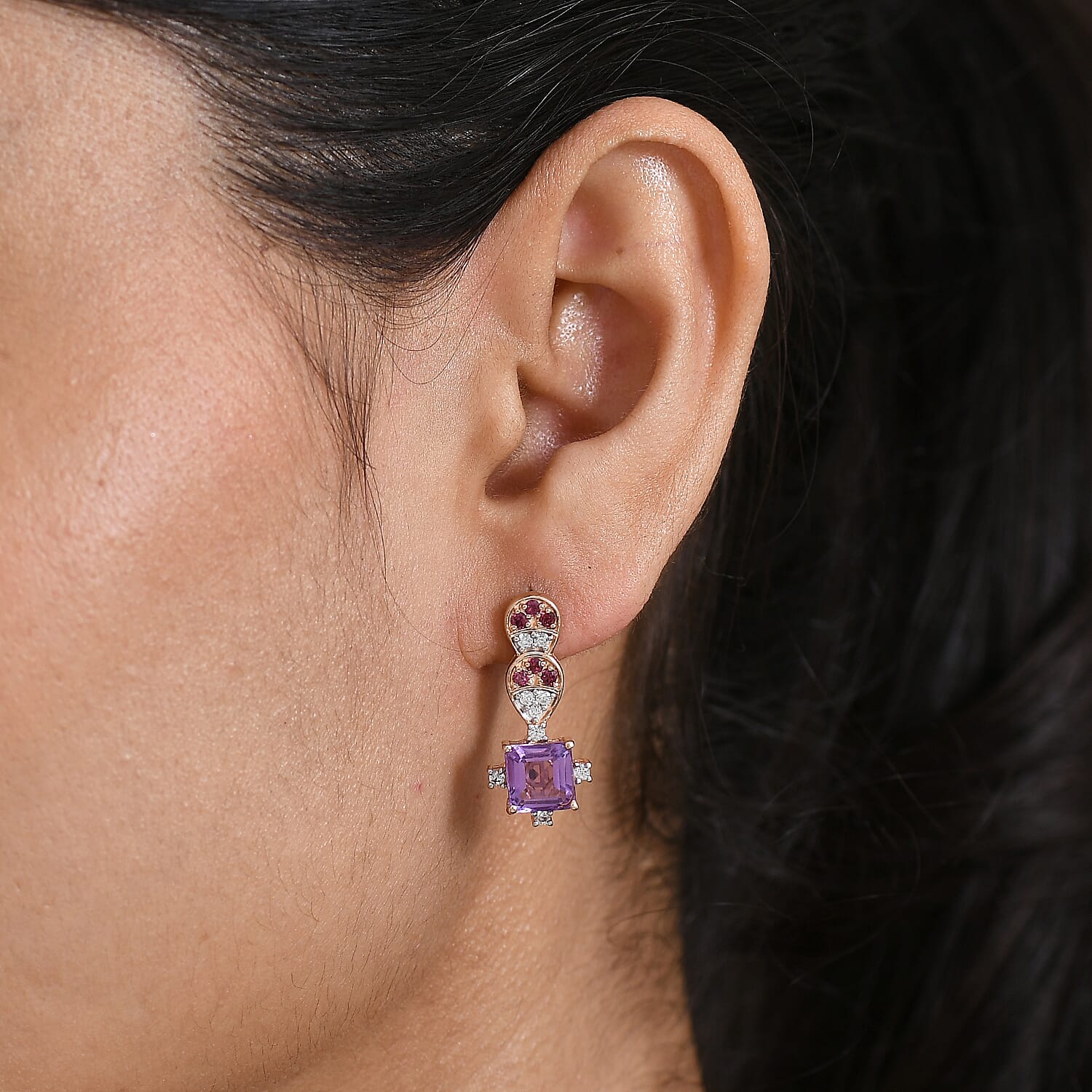 D'Joy Rose De France Amethyst, Rhodolite Garnet & White Zircon Dangling Earring with Push Back in Rose Gold Plated Sterling Silver  4.33 Ct.