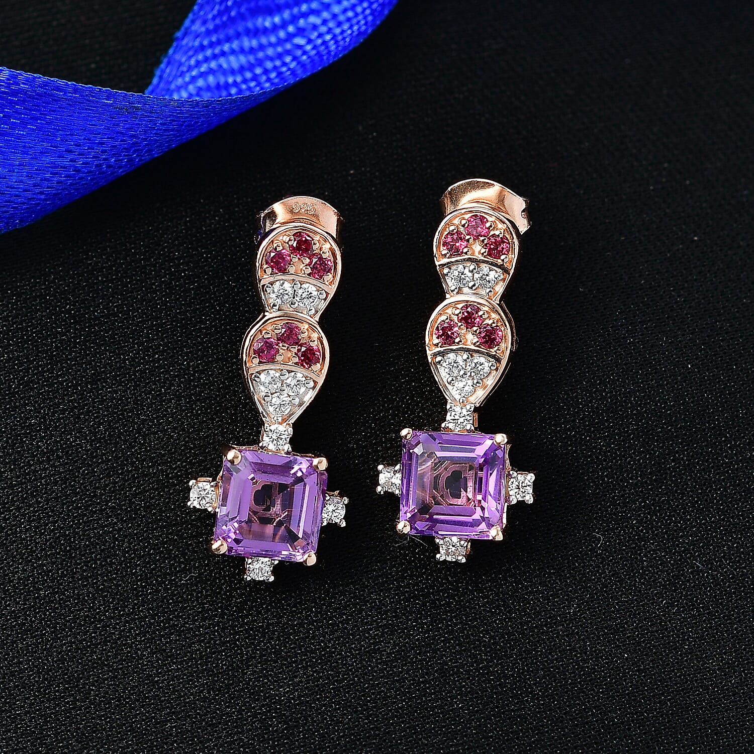D'Joy Rose De France Amethyst, Rhodolite Garnet & White Zircon Dangling Earring with Push Back in Rose Gold Plated Sterling Silver  4.33 Ct.