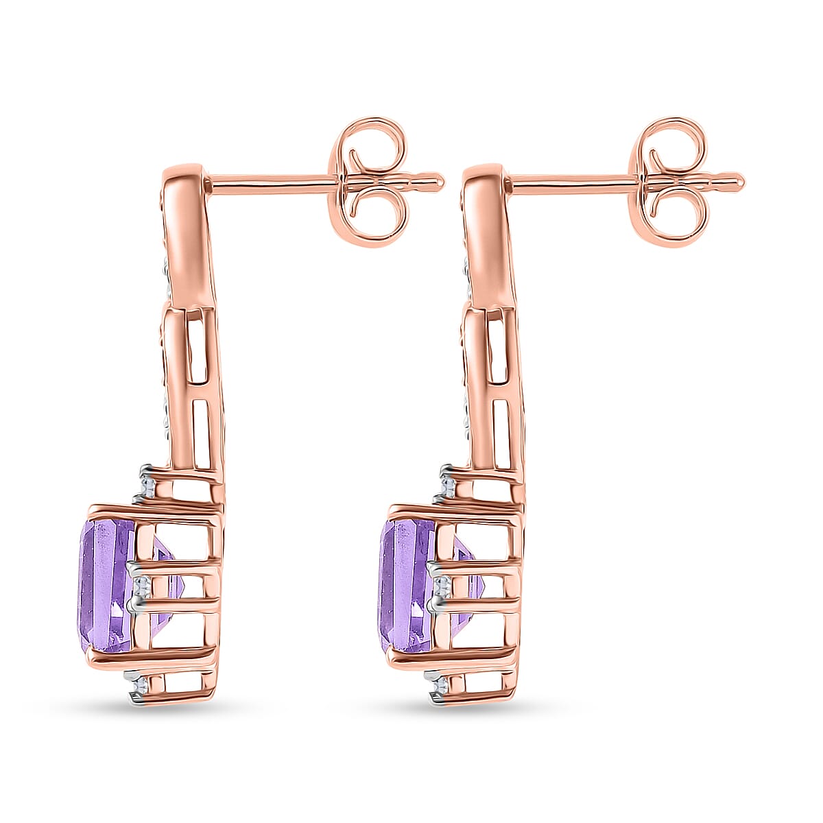 D'Joy Rose De France Amethyst, Rhodolite Garnet & White Zircon Dangling Earring with Push Back in Rose Gold Plated Sterling Silver  4.33 Ct.