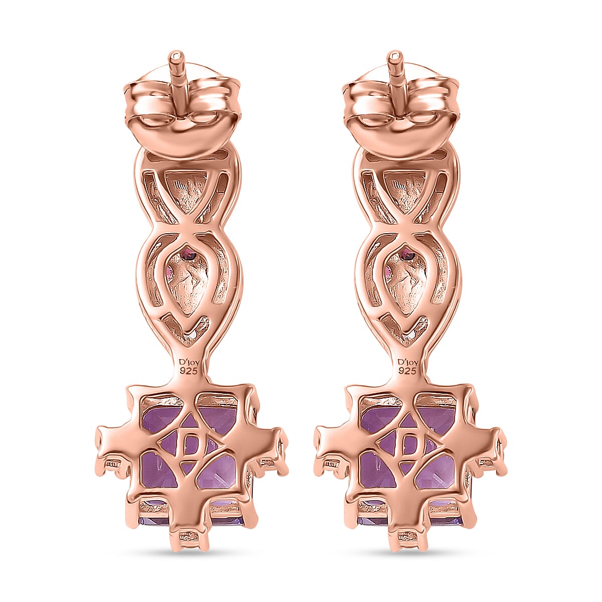 D'Joy Rose De France Amethyst, Rhodolite Garnet & White Zircon Dangling Earring with Push Back in Rose Gold Plated Sterling Silver  4.33 Ct.