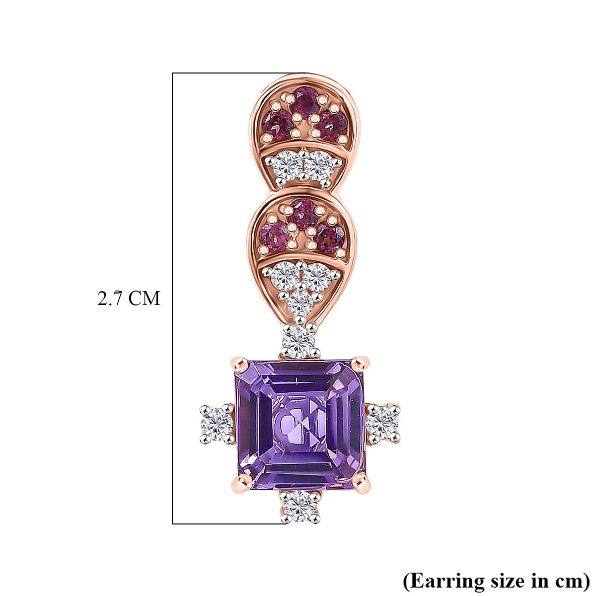 D'Joy Rose De France Amethyst, Rhodolite Garnet & White Zircon Dangling Earring with Push Back in Rose Gold Plated Sterling Silver  4.33 Ct.