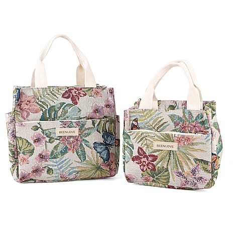 Set of 2 Tropical Print Insulated Lunch Tote Bags - Multicolour