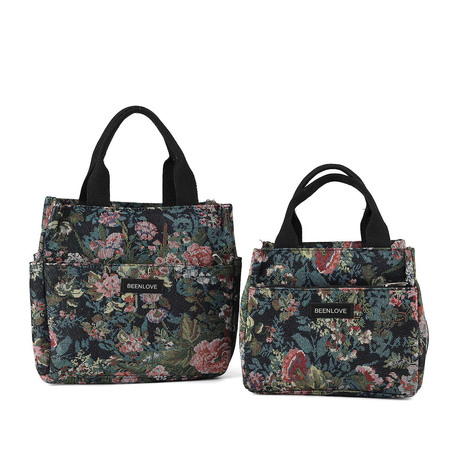 Set of 2 Tropical Print Insulated Lunch Tote Bags - Black & Multicolour