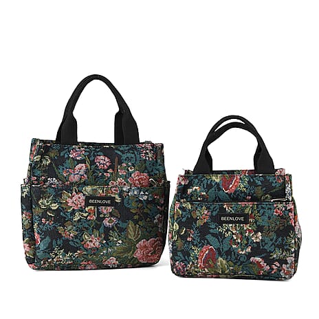 Set of 2 Tropical Print Insulated Lunch Tote Bags - Black & Multicolour
