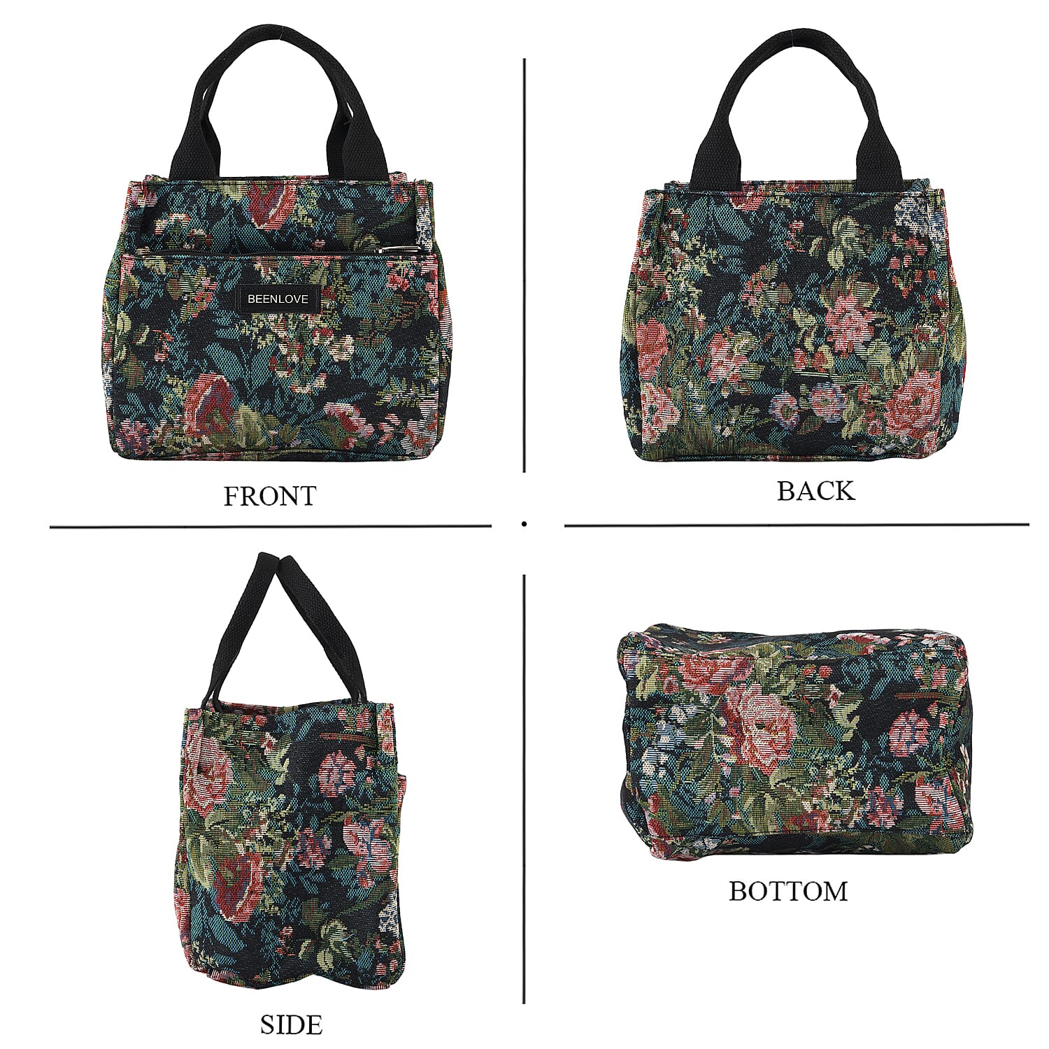 Set of 2 Tropical Print Insulated Lunch Tote Bags - Black & Multicolour