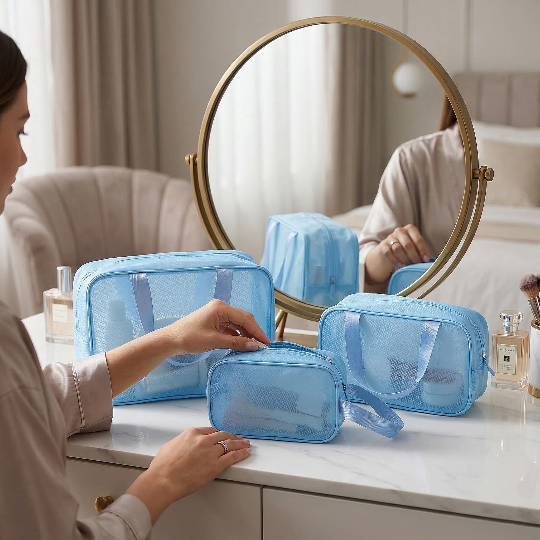 Set of 3 Cosmetic Storage Bags - Blue