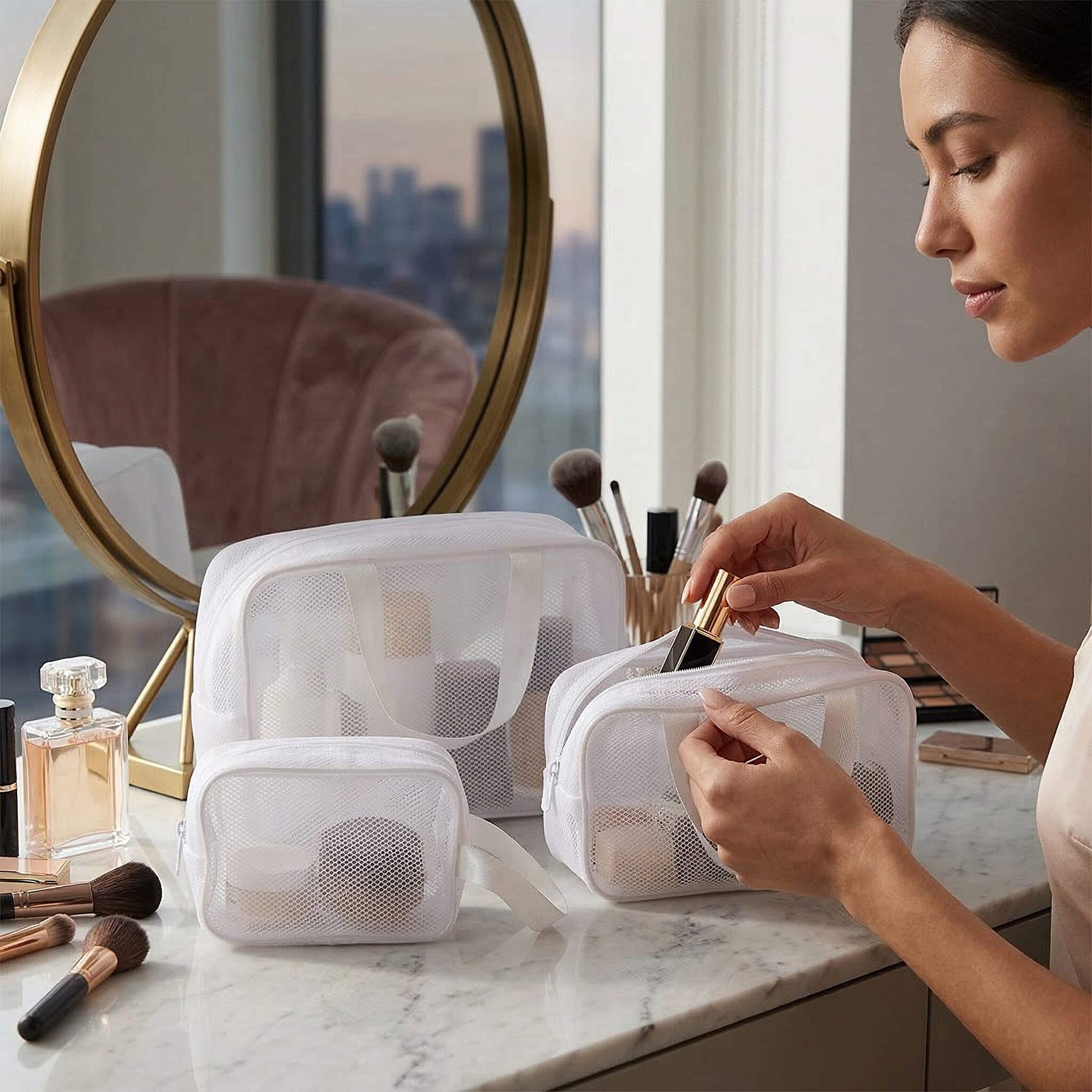 Set of 3 Cosmetic Storage Bags - White