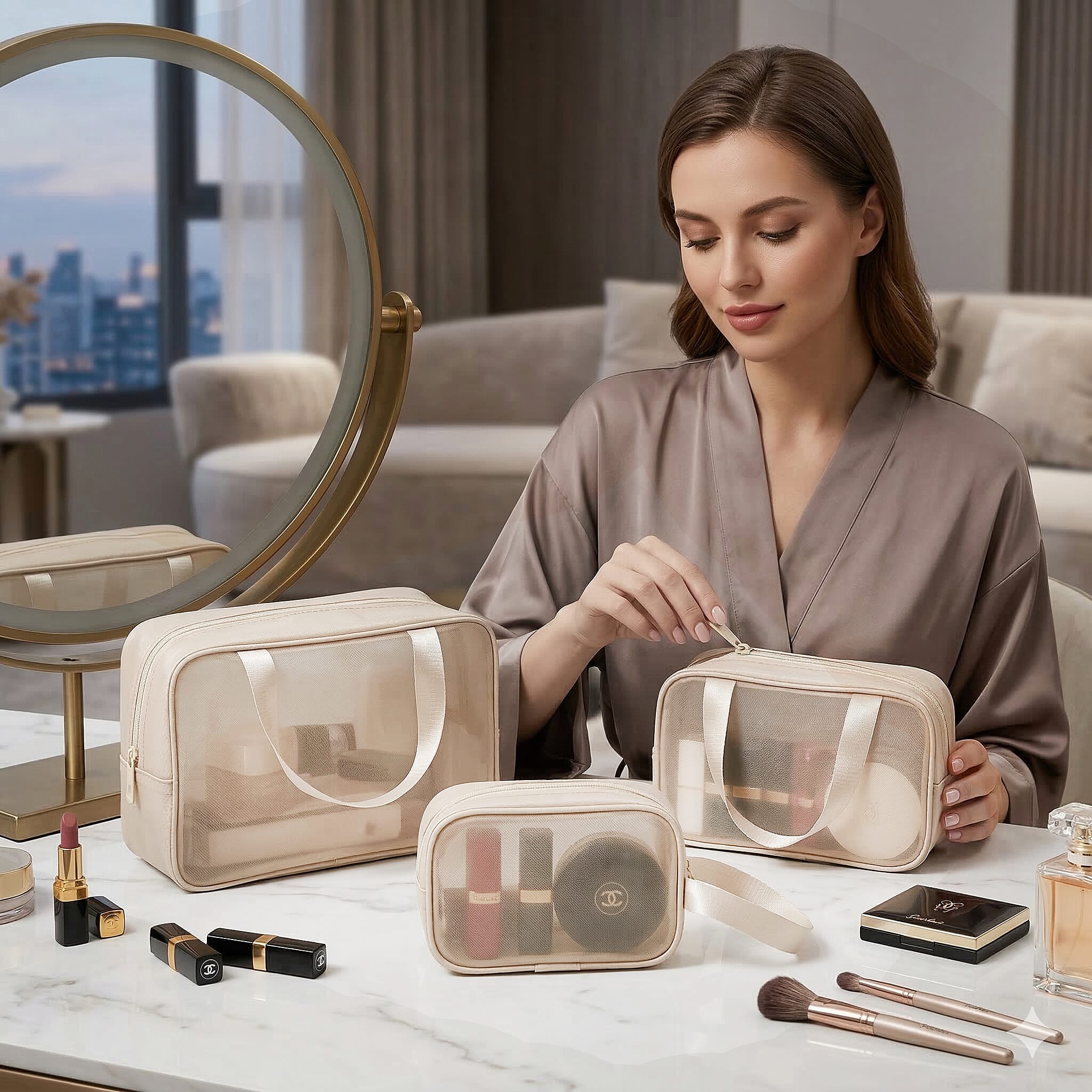 Set of 3 Cosmetic Storage Bags - Beige