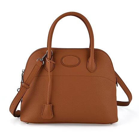 Premium Genuine Leather Domed Satchel Bag with Detachable Crossbody Strap - Alloy Orange