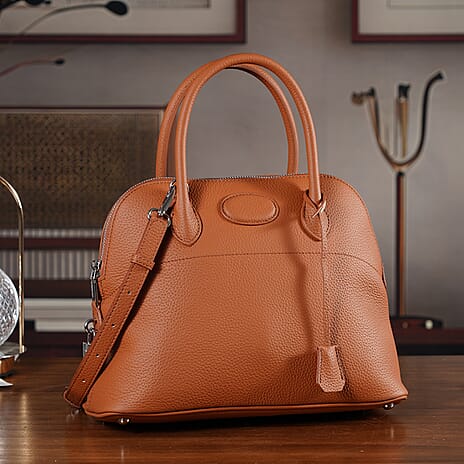 Premium Genuine Leather Domed Satchel Bag with Detachable Crossbody Strap - Alloy Orange