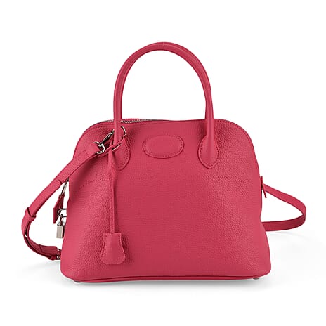 Premium Genuine Leather Domed Satchel Bag with Detachable Crossbody Strap - Deep Pink