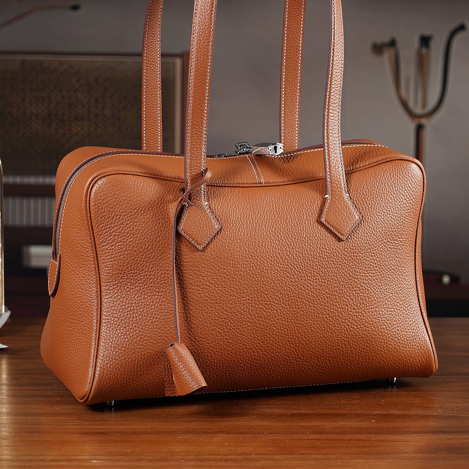 Leather Patterned Tote Bag (Size 35x17x22 cm) - Brown