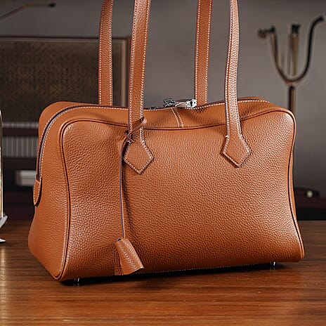 Designer Closeout Deal - Genuine Leather Structured Bag with Padlock and Key - Brown
