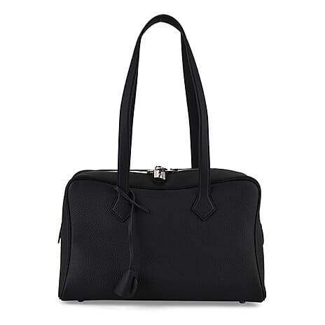 Designer Closeout Deal - Genuine Leather Structured Bag with Padlock and Key - Black