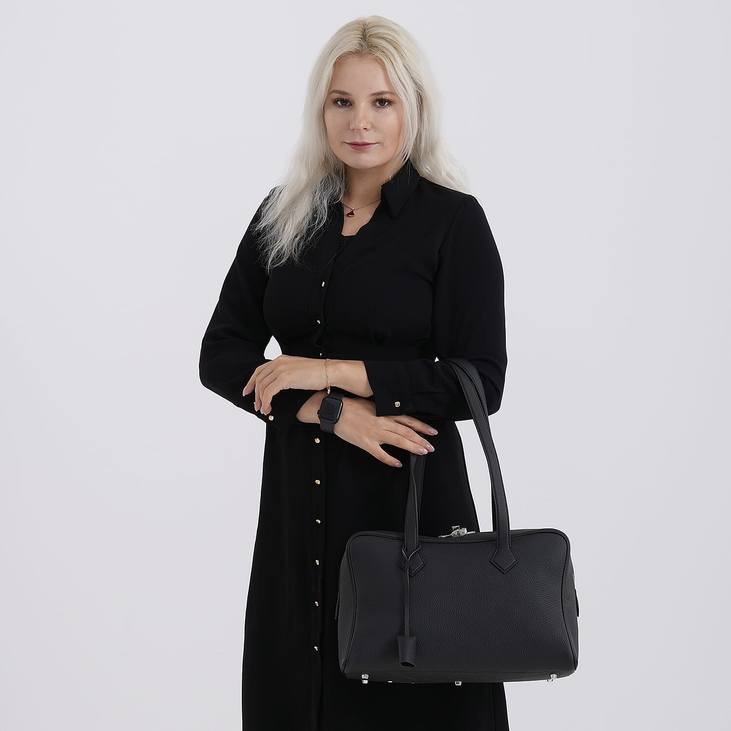Leather Patterned Tote Bag (Size 35x17x22 cm) - Black