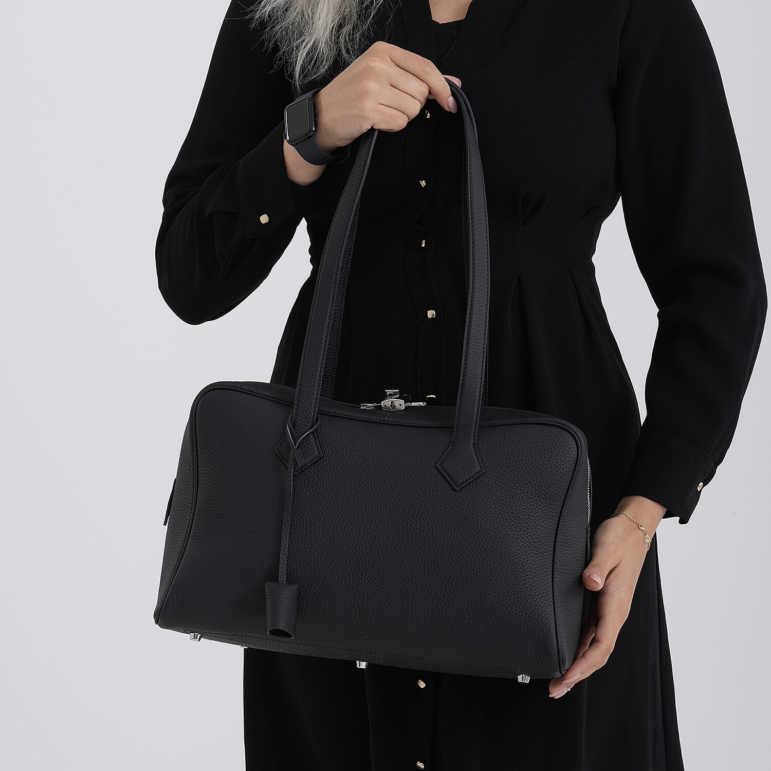 Leather Patterned Tote Bag (Size 35x17x22 cm) - Black