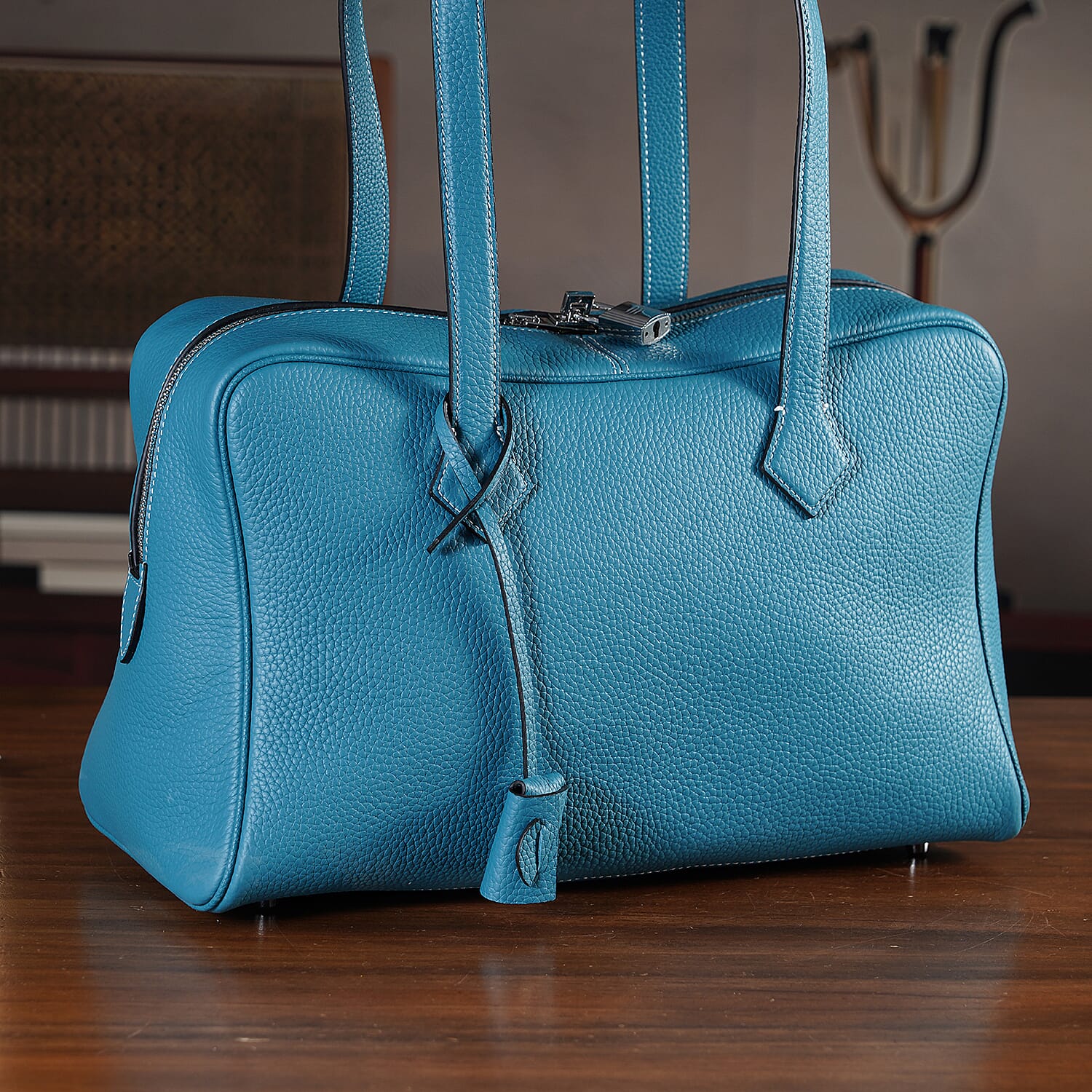 Leather Patterned Tote Bag (Size 35x17x22 cm) - Blue
