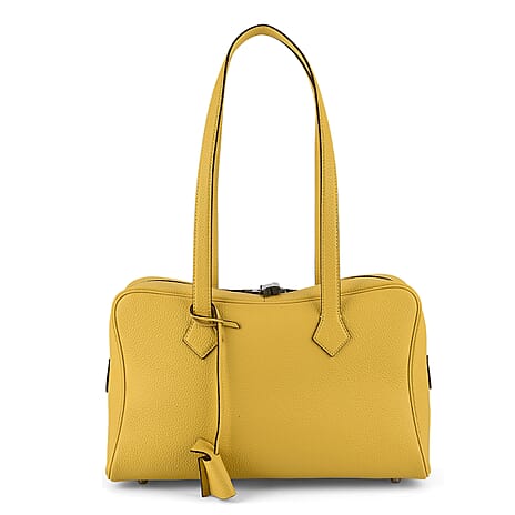 Designer Closeout Deal - Genuine Leather Structured Bag with Padlock and Key - Chartreuse