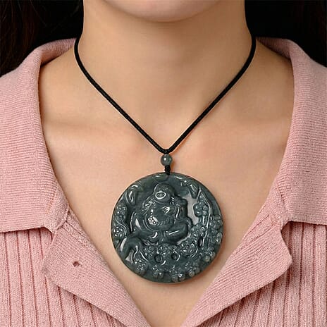 Natural Jadeite Jade Buddha Necklace (Size -28 ) with Adjustable Cotton Thread