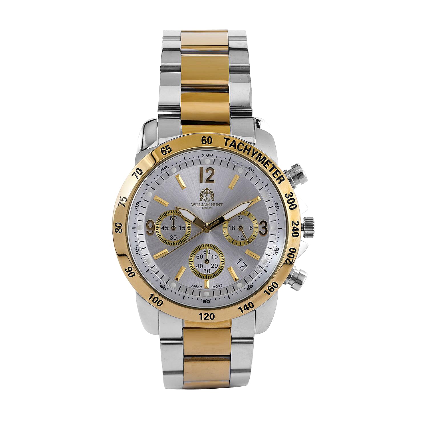 WILLIAM HUNT VD53 Multi-Function Japan Quartz 5ATM WR White Sunshine Dial & Two-Tone Case Mens Watch with Two-Tone Stainless Steel Strap