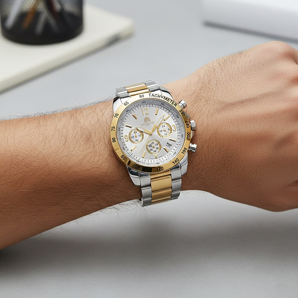 WILLIAM HUNT VD53 Multi-Function Japan Quartz 5ATM WR White Sunshine Dial & Two-Tone Case Mens Watch with Two-Tone Stainless Steel Strap