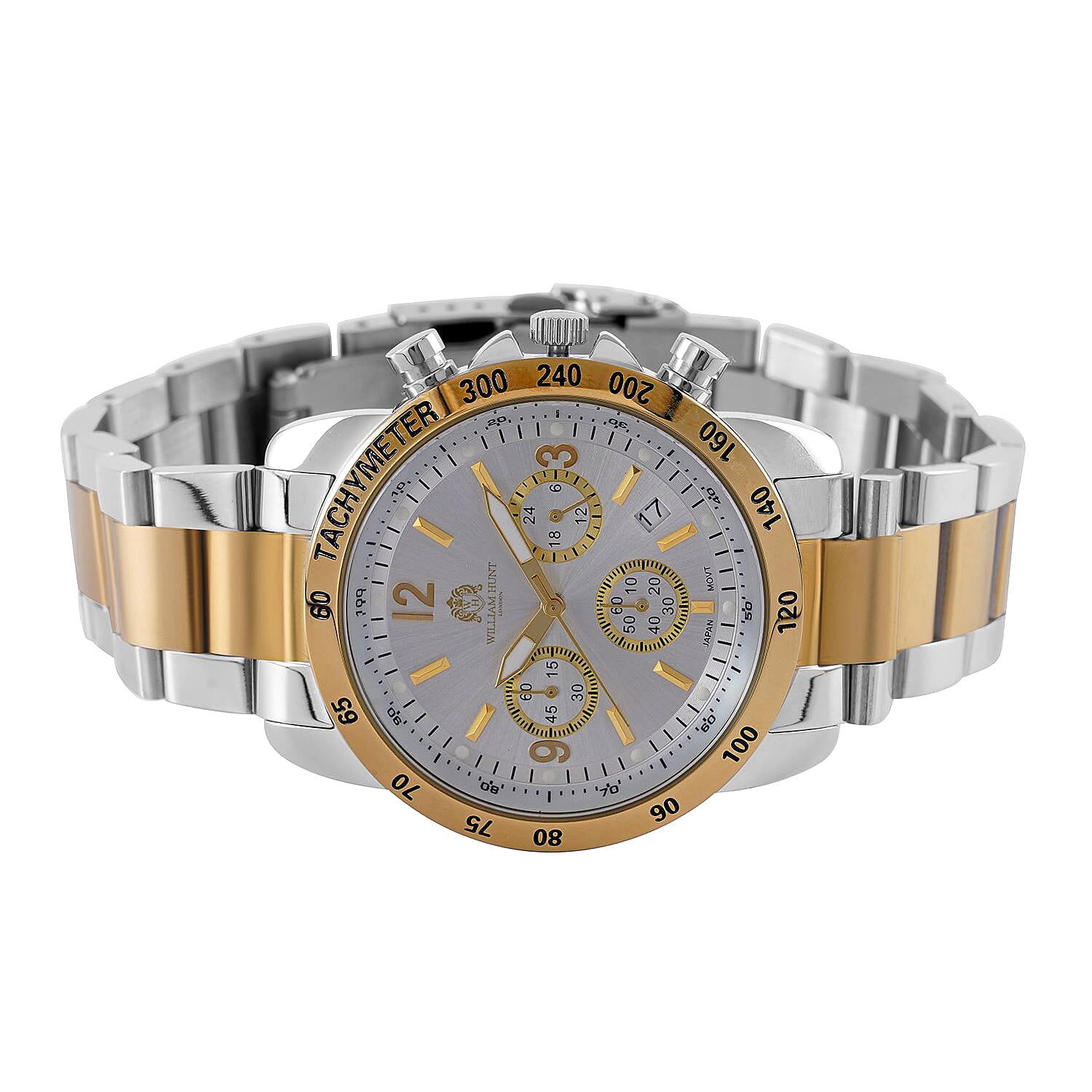 WILLIAM HUNT VD53 Multi-Function Japan Quartz 5ATM WR White Sunshine Dial & Two-Tone Case Mens Watch with Two-Tone Stainless Steel Strap