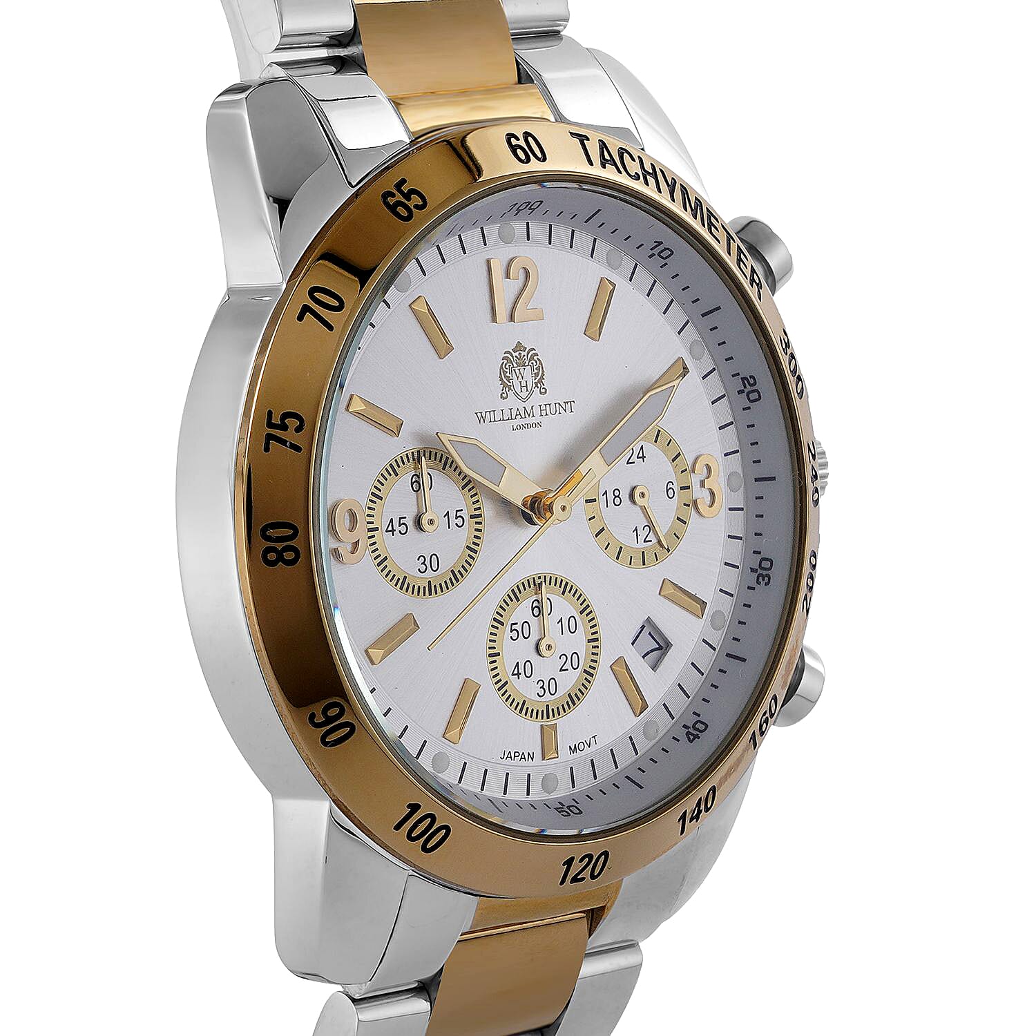 WILLIAM HUNT VD53 Multi-Function Japan Quartz 5ATM WR White Sunshine Dial & Two-Tone Case Mens Watch with Two-Tone Stainless Steel Strap
