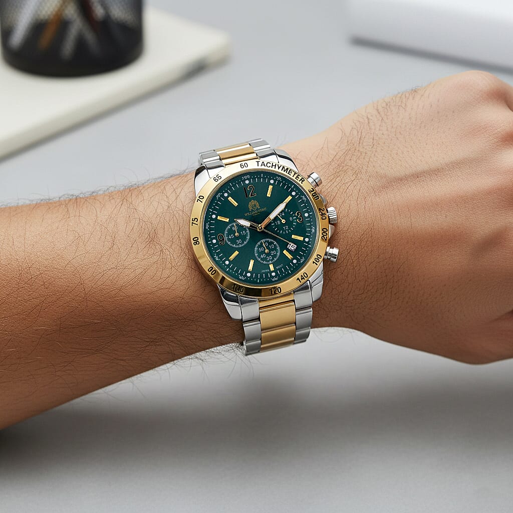 WILLIAM HUNT VD53 Multi-Function Japan Quartz 5ATM WR Dark Green Sunshine Dial & Two-Tone Case Mens Watch with Two-Tone Stainless Steel Strap