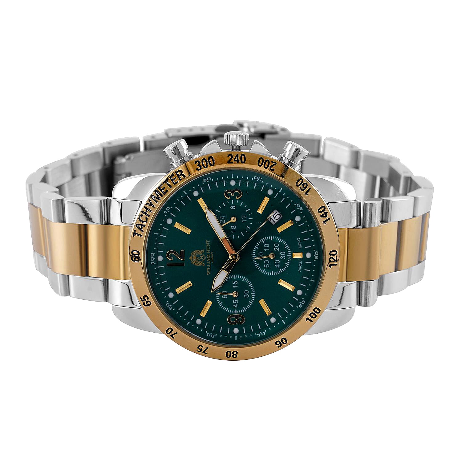 WILLIAM HUNT VD53 Multi-Function Japan Quartz 5ATM WR Dark Green Sunshine Dial & Two-Tone Case Mens Watch with Two-Tone Stainless Steel Strap