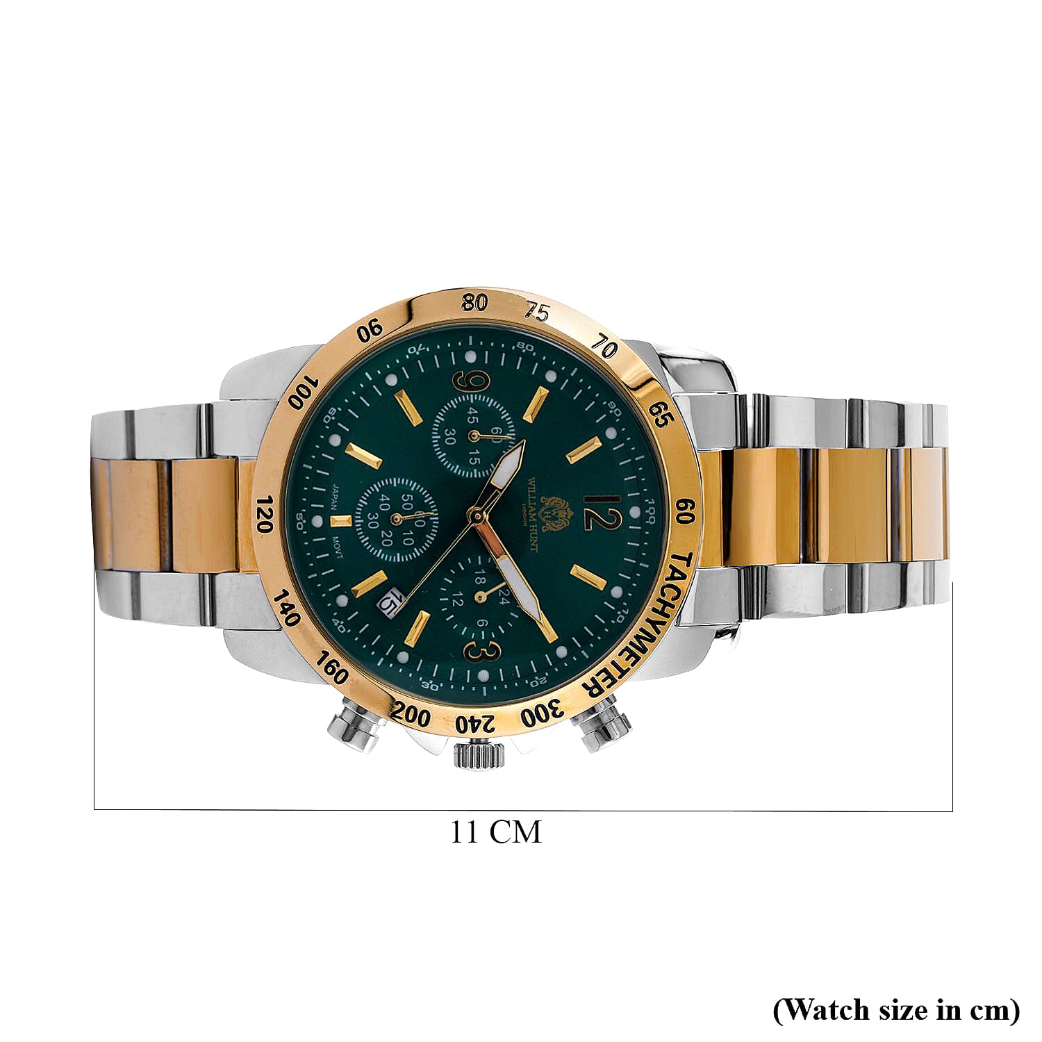 WILLIAM HUNT VD53 Multi-Function Japan Quartz 5ATM WR Dark Green Sunshine Dial & Two-Tone Case Mens Watch with Two-Tone Stainless Steel Strap