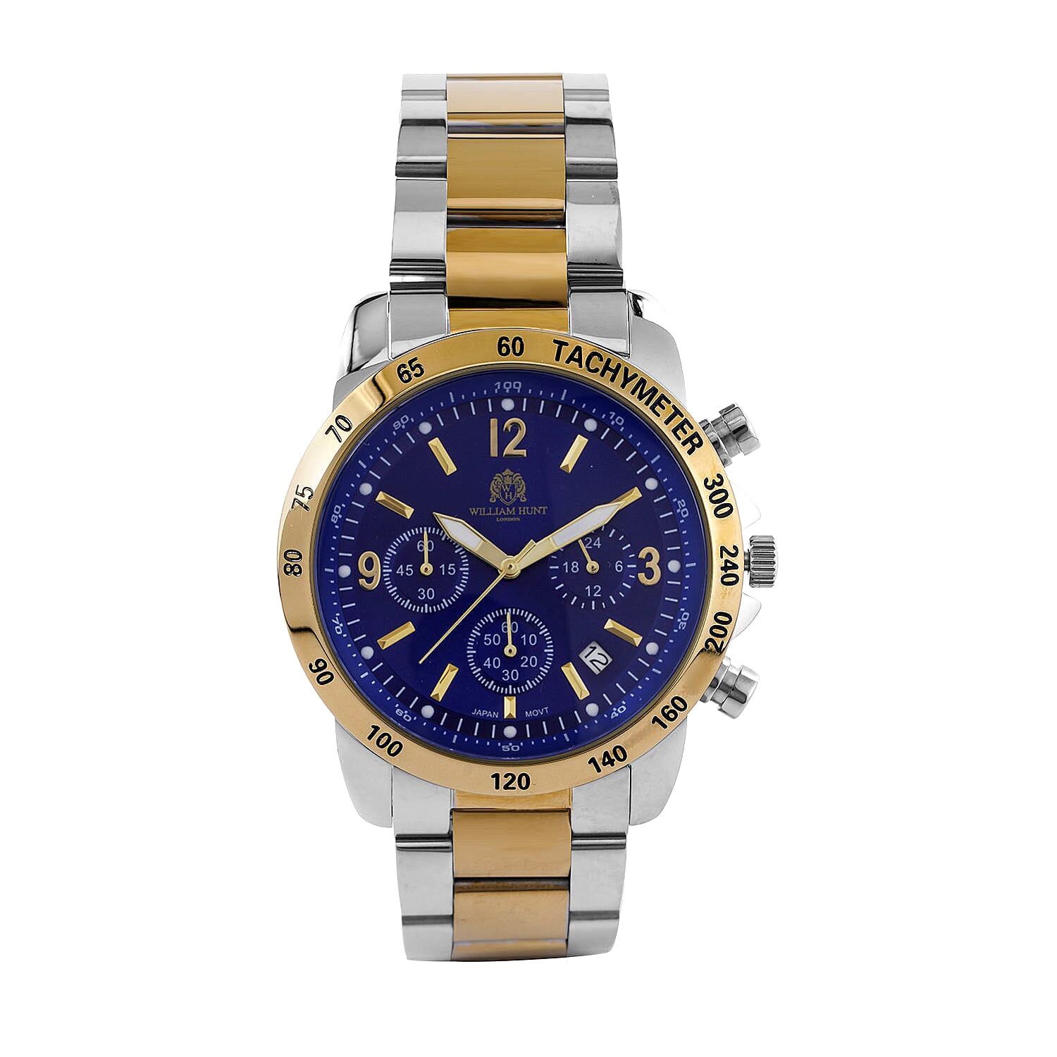 WILLIAM HUNT VD53 Multi-Function Japan Quartz 5ATM WR Dark Blue Sunshine Dial & Two-Tone Case Mens Watch with Two-Tone Stainless Steel Strap