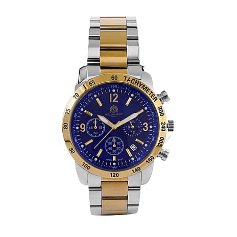 WILLIAM HUNT VD53 Multi-Function Japan Quartz 5ATM WR Dark Blue Sunshine Dial & Two-Tone Case Mens Watch with Two-Tone Stainless Steel Strap