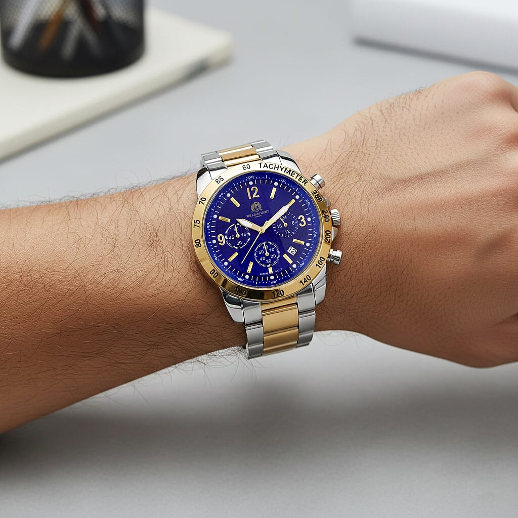 WILLIAM HUNT VD53 Multi-Function Japan Quartz 5ATM WR Dark Blue Sunshine Dial & Two-Tone Case Mens Watch with Two-Tone Stainless Steel Strap