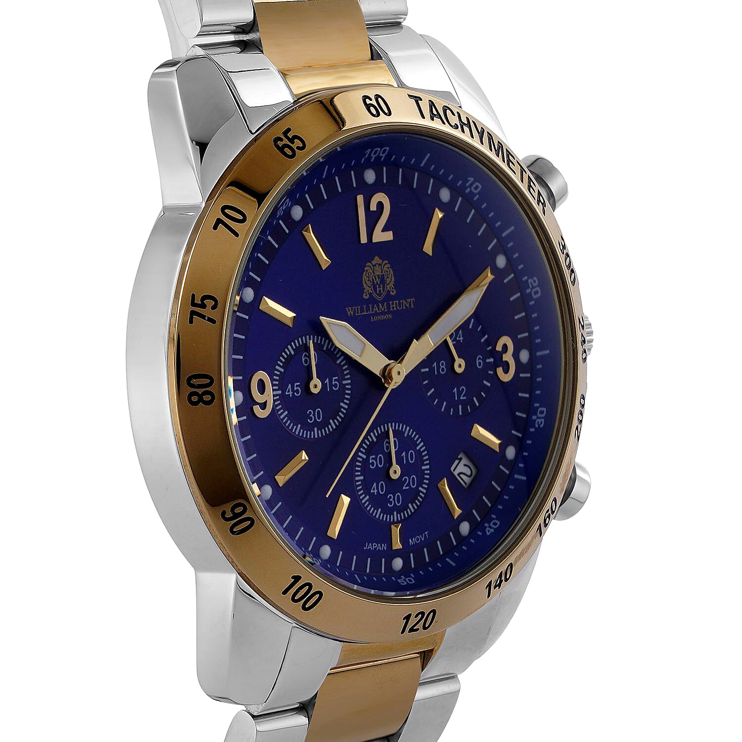 WILLIAM HUNT VD53 Multi-Function Japan Quartz 5ATM WR Dark Blue Sunshine Dial & Two-Tone Case Mens Watch with Two-Tone Stainless Steel Strap
