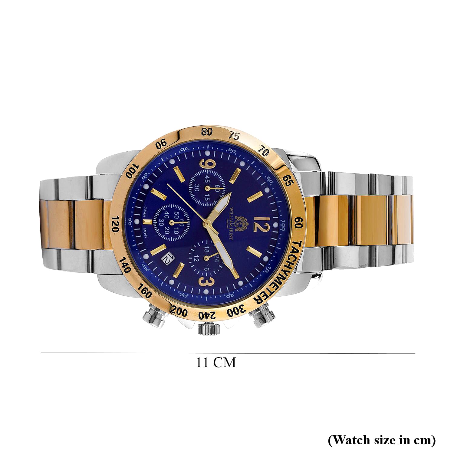 WILLIAM HUNT VD53 Multi-Function Japan Quartz 5ATM WR Dark Blue Sunshine Dial & Two-Tone Case Mens Watch with Two-Tone Stainless Steel Strap