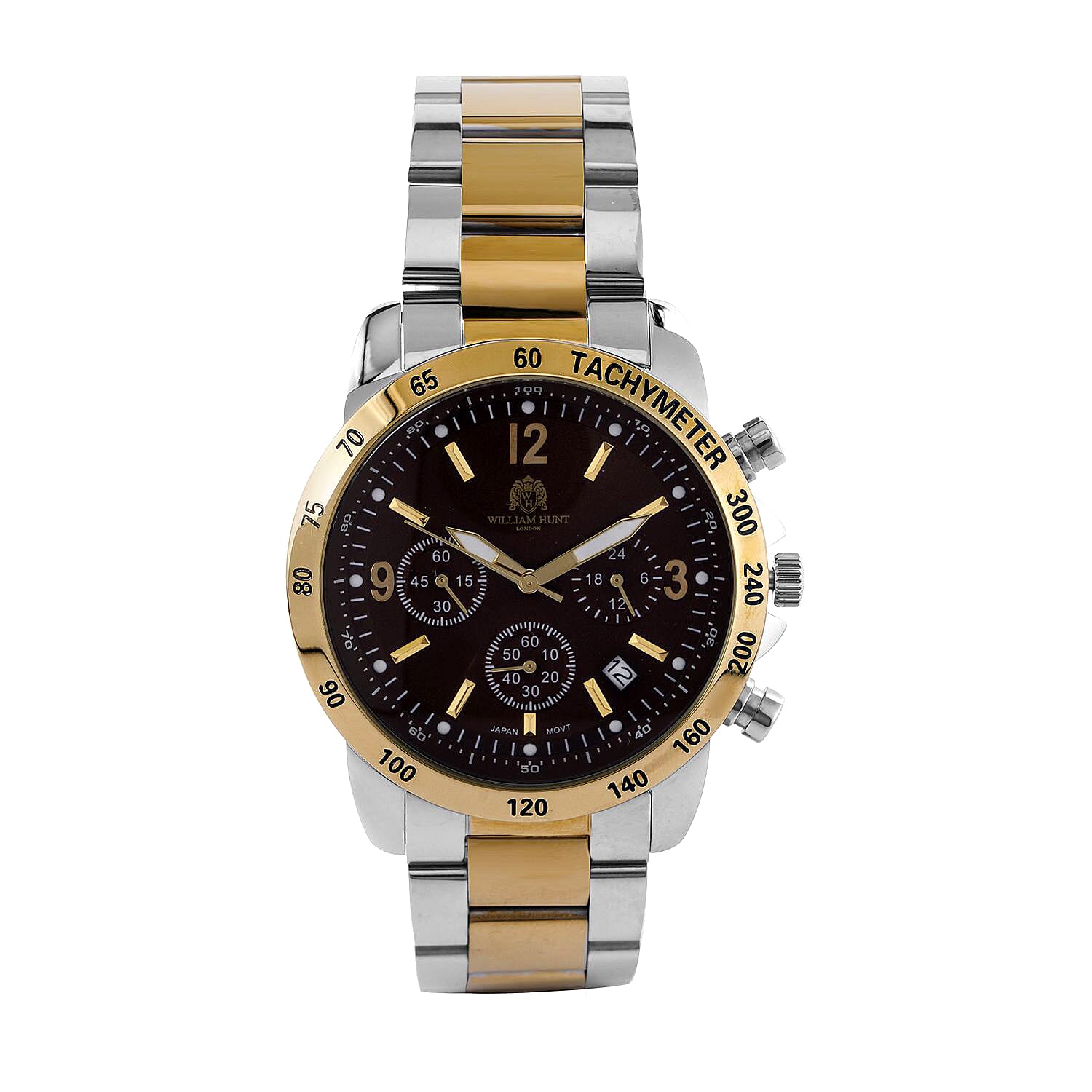 WILLIAM HUNT VD53 Multi-Function Japan Quartz 5ATM WR Dark Brown Sunshine Dial & Two-Tone Case Mens Watch with Two-Tone Stainless Steel Strap