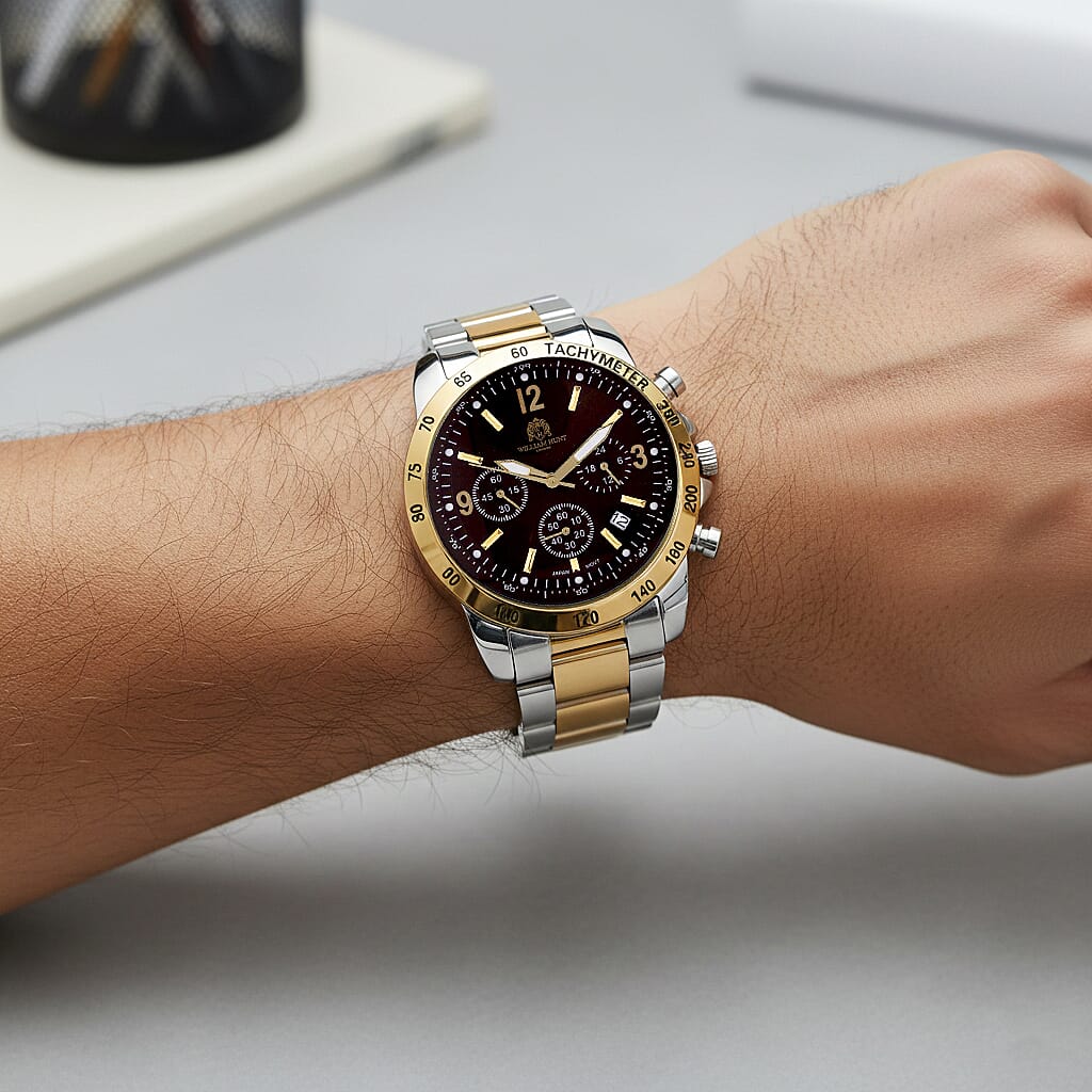 WILLIAM HUNT VD53 Multi-Function Japan Quartz 5ATM WR Dark Brown Sunshine Dial & Two-Tone Case Mens Watch with Two-Tone Stainless Steel Strap