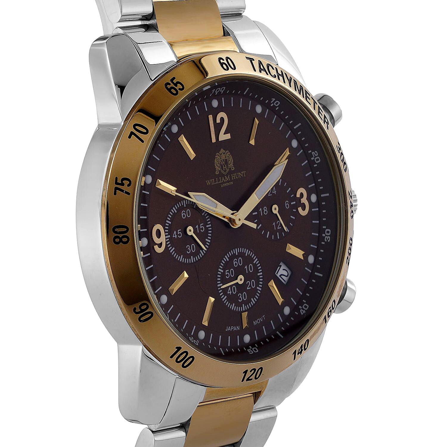 WILLIAM HUNT VD53 Multi-Function Japan Quartz 5ATM WR Dark Brown Sunshine Dial & Two-Tone Case Mens Watch with Two-Tone Stainless Steel Strap