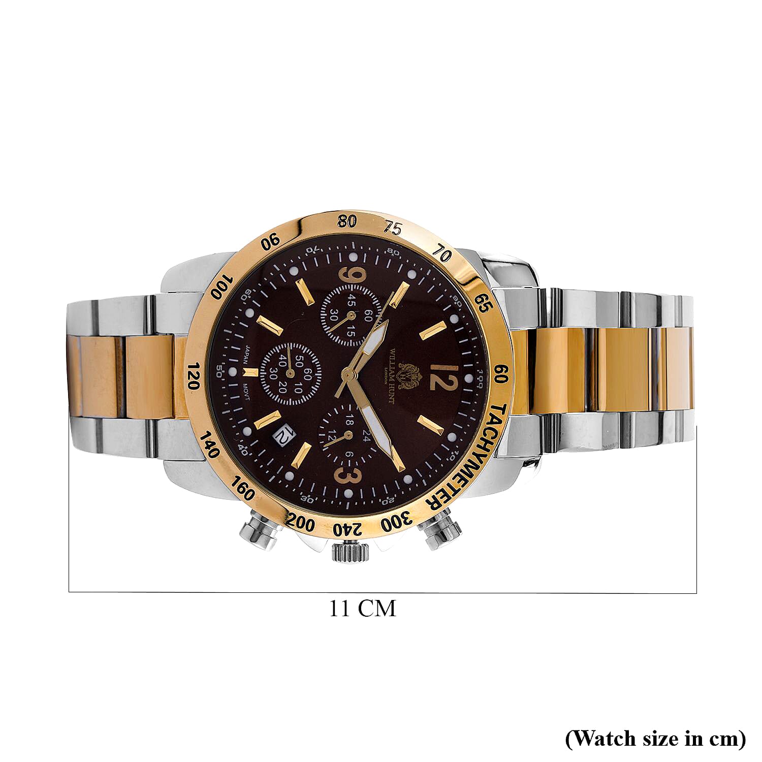 WILLIAM HUNT VD53 Multi-Function Japan Quartz 5ATM WR Dark Brown Sunshine Dial & Two-Tone Case Mens Watch with Two-Tone Stainless Steel Strap