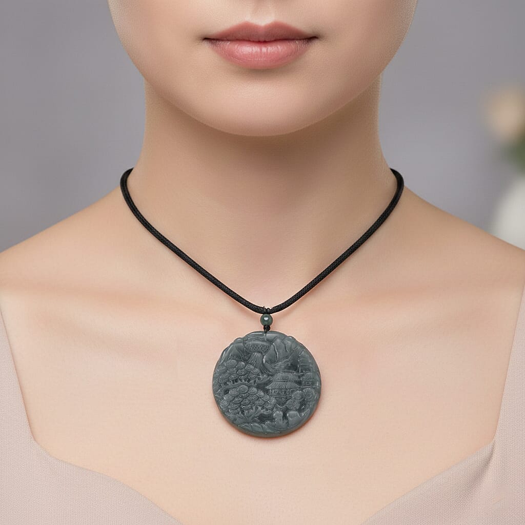 Natural Jadeite Shanshui Necklace with Adjustable Cotton Thread (Size -28)