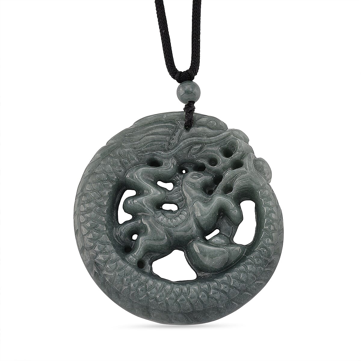 Natural Jadeite Jade Dragon Necklace with Adjustable Cotton Thread (Size -28)