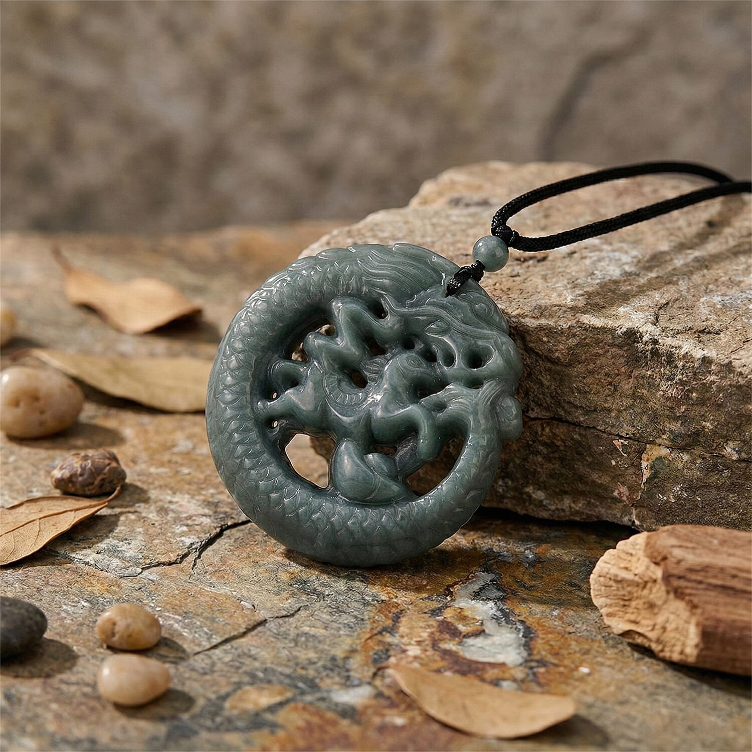 Natural Jadeite Jade Dragon Necklace with Adjustable Cotton Thread (Size -28)