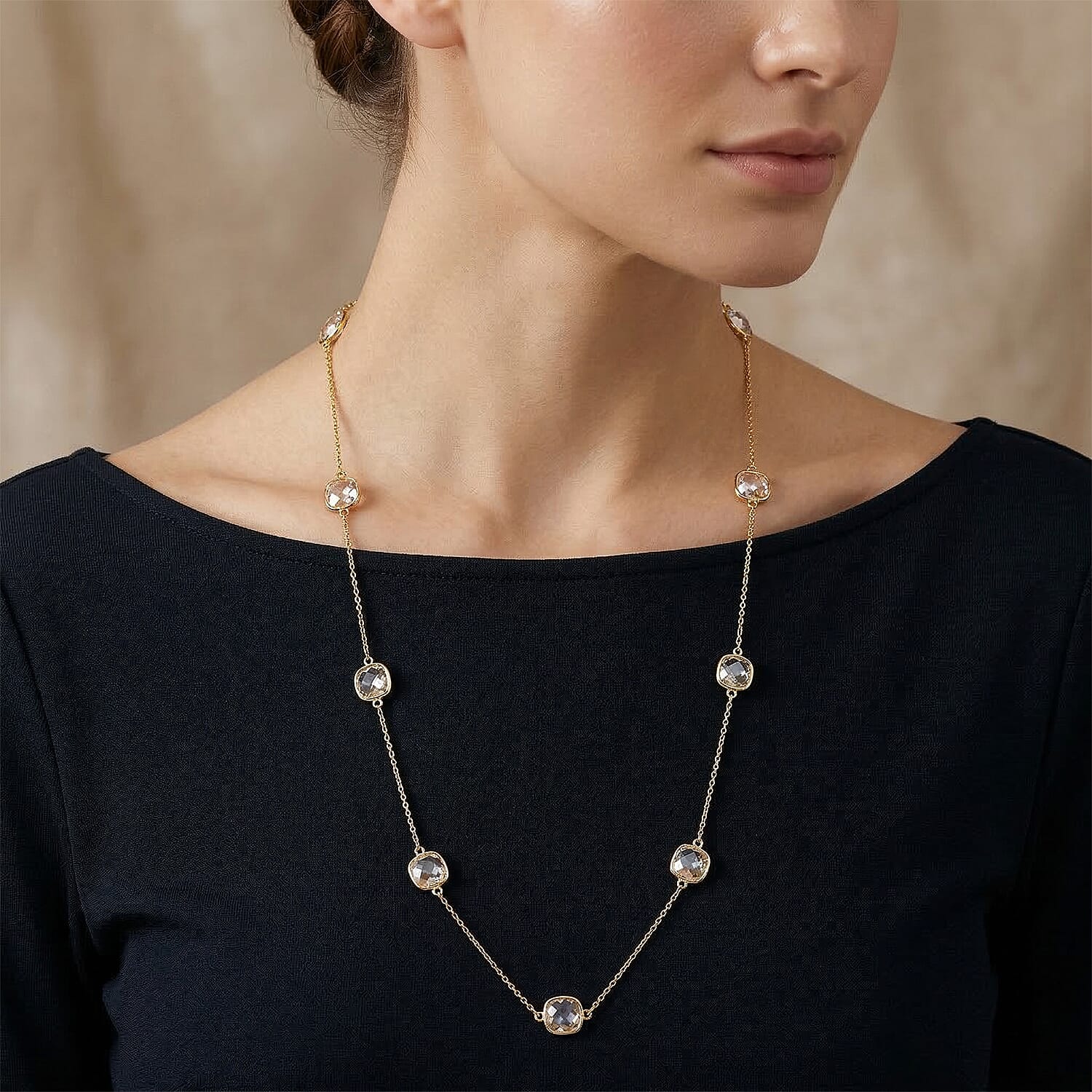 Austrian White Crystal Necklace (Szie - 30-2 EXT) in Yellow Gold Tone